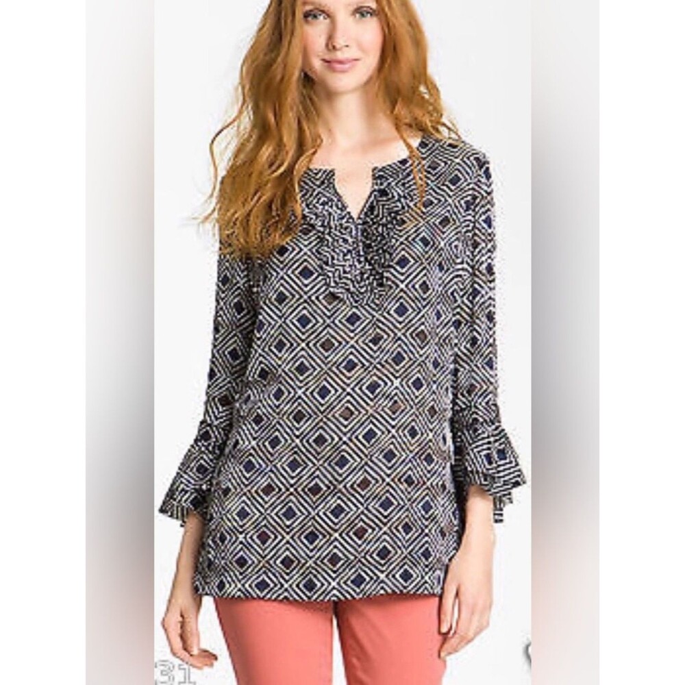 Tory Burch Gemma silk blend tunic. Sz 4. Flounce sleeve. Navy/White Geometric